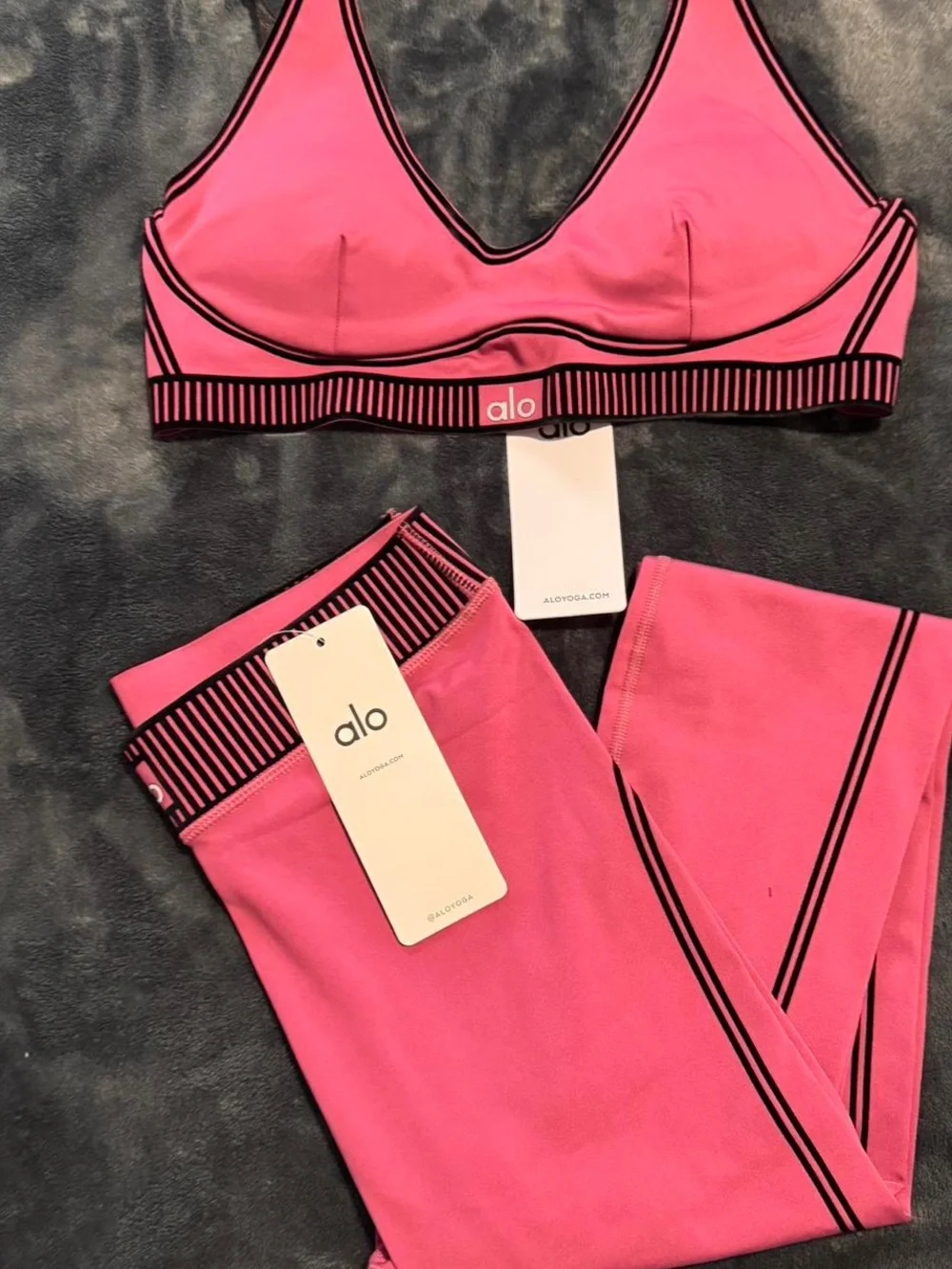 ALO Yoga Pink Sports Bra and Legging Set with Black Trim